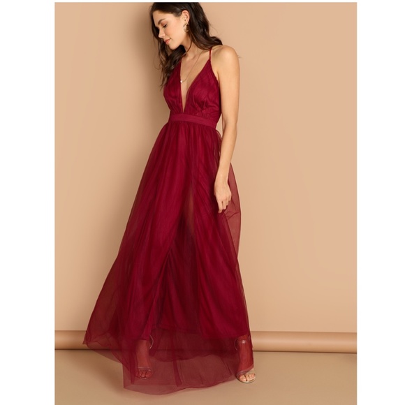Burgundy Mesh Backless Maxi Dress V-Neck - Picture 3 of 6